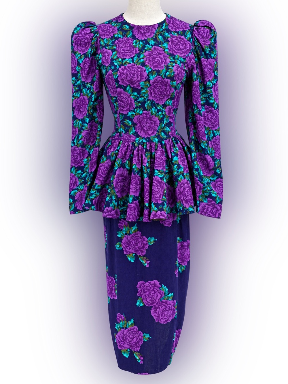 Leslie Lucks Vintage 80s Floral Fitted Peplum Dress Country Puff Shoulders XXS